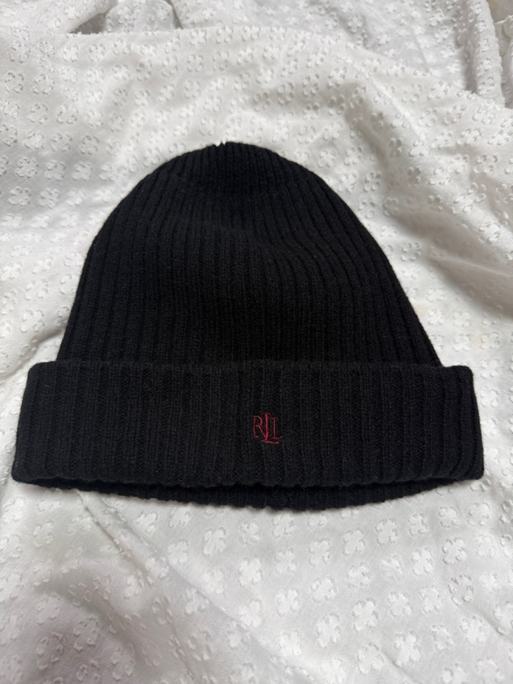 Lauren Ralph Lauren Lambs Wool Black Beanie Hat w/ Embroidered Logo